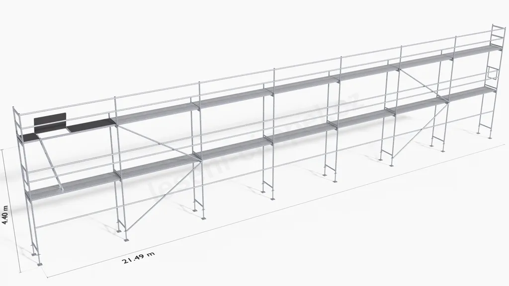 Certifikované fasádní lešení L73 kompatibilní se systémem Alfix/Layher. Délka: 21,49 m, Pracovní výška: 6,4 m, Plocha: 137,5 m2.